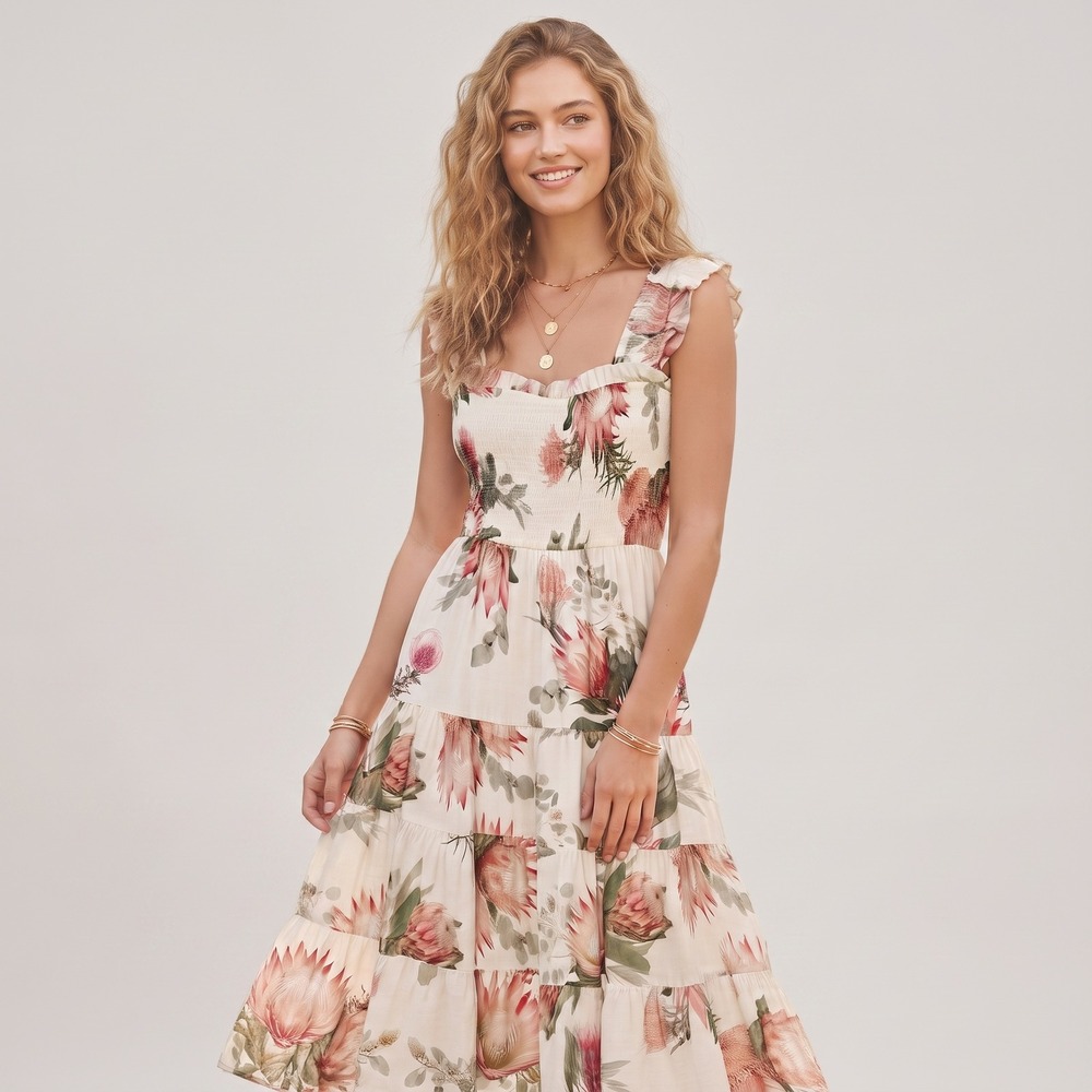 Express Tiered Midi Dress Women Medium Cream Floral Excellent Smocked Ruffle